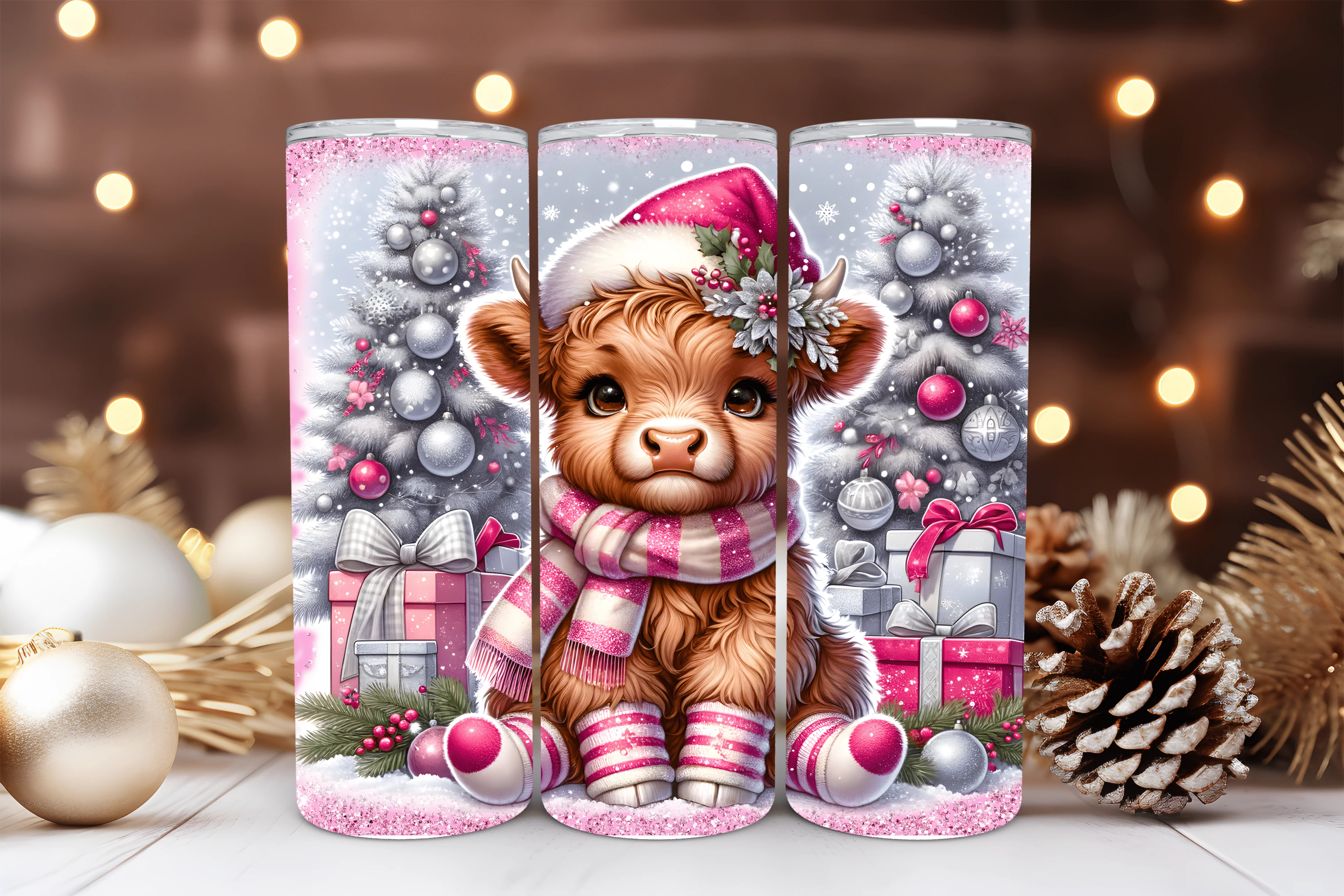 20oz Skinny Tumbler Sublimation Print - Christmas Highland Cow