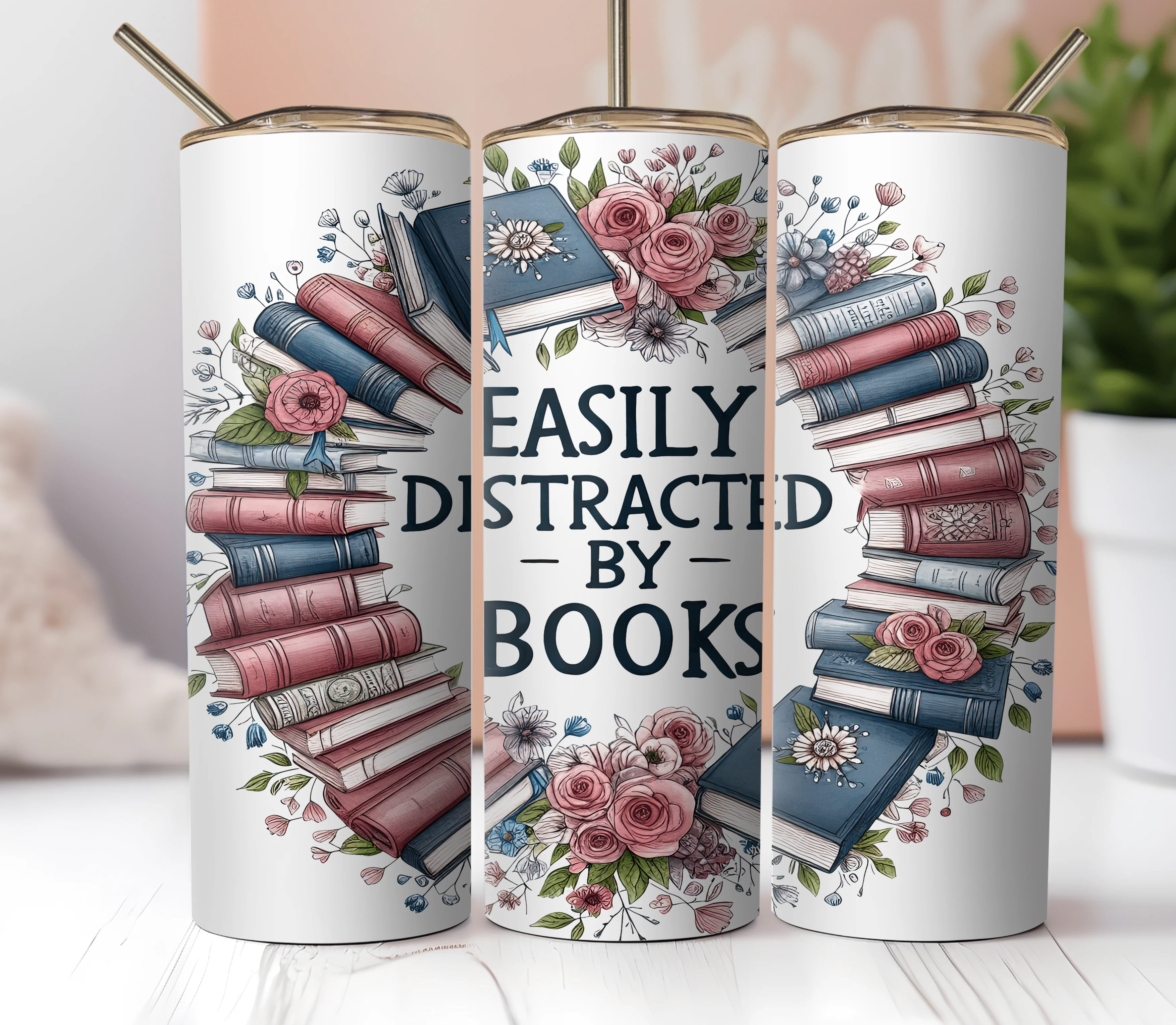 20oz Skinny Tumbler Sublimation Print - Easily Distracted by Books