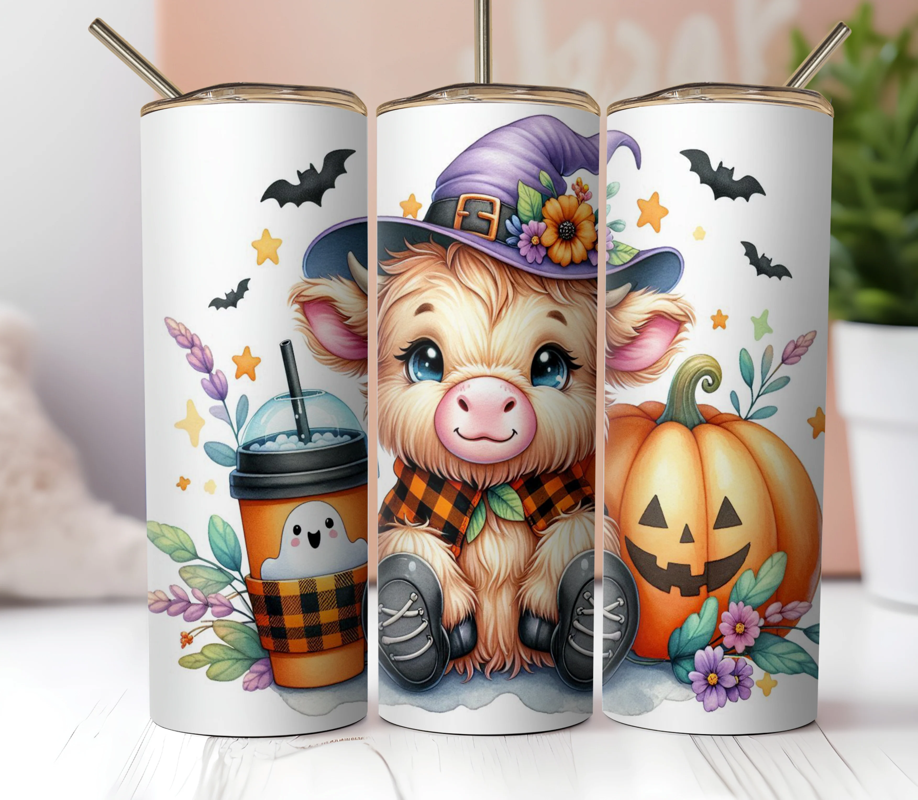 20oz Skinny Tumbler Sublimation Print - Highland Cow Halloween