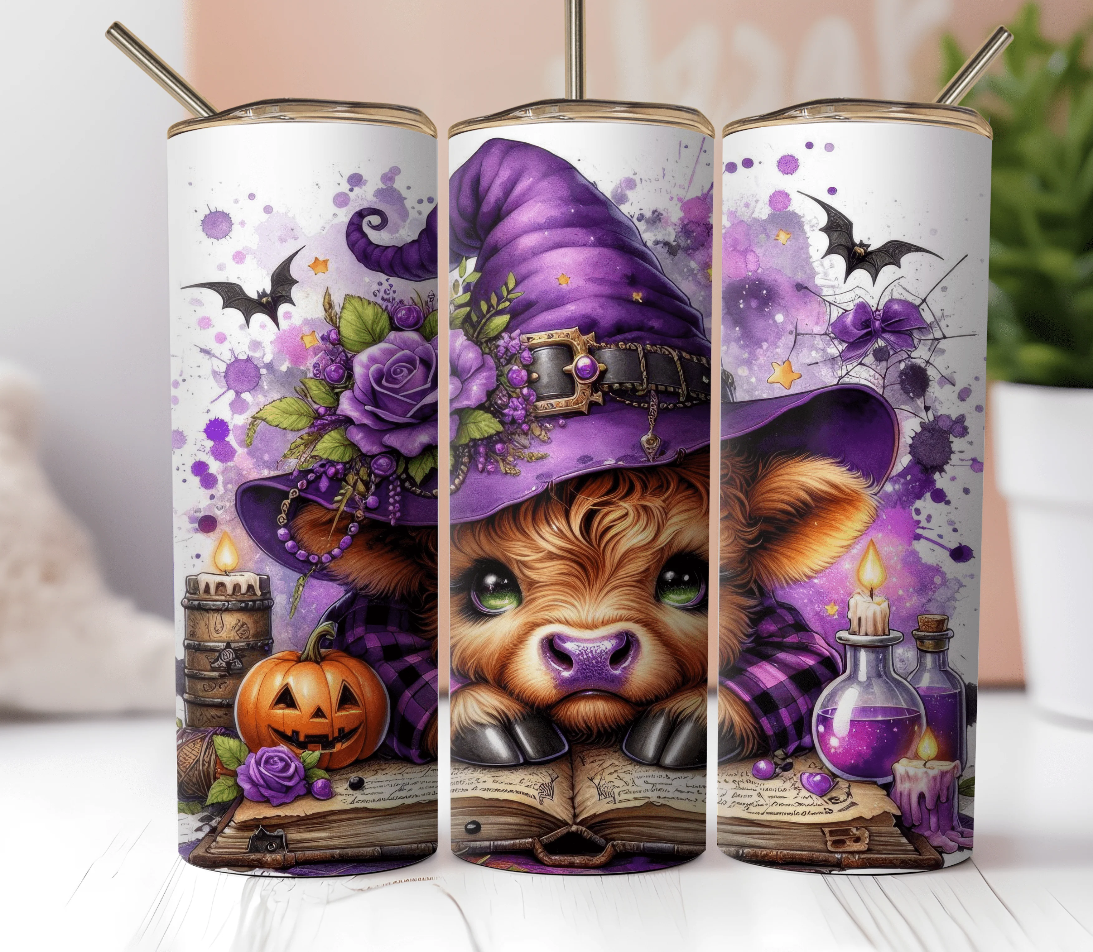 20oz Skinny Tumbler Sublimation Print - Highland Cow Halloween