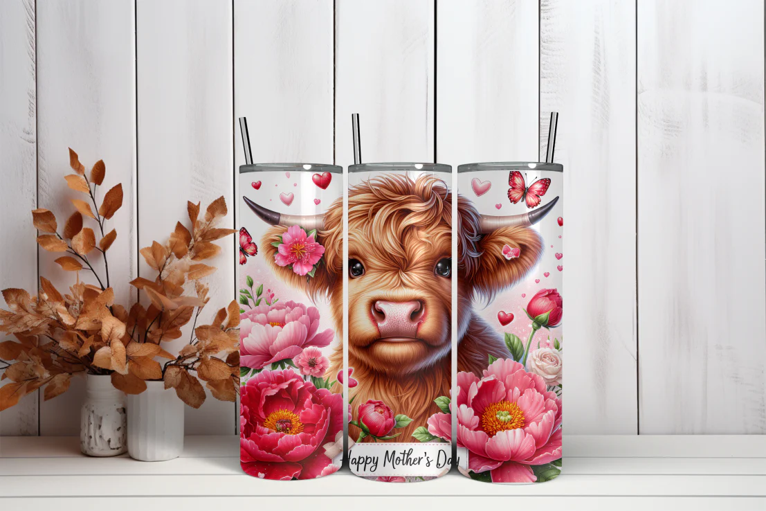 20oz Skinny Tumbler Sublimation Print - Highland Cow Mothers Day