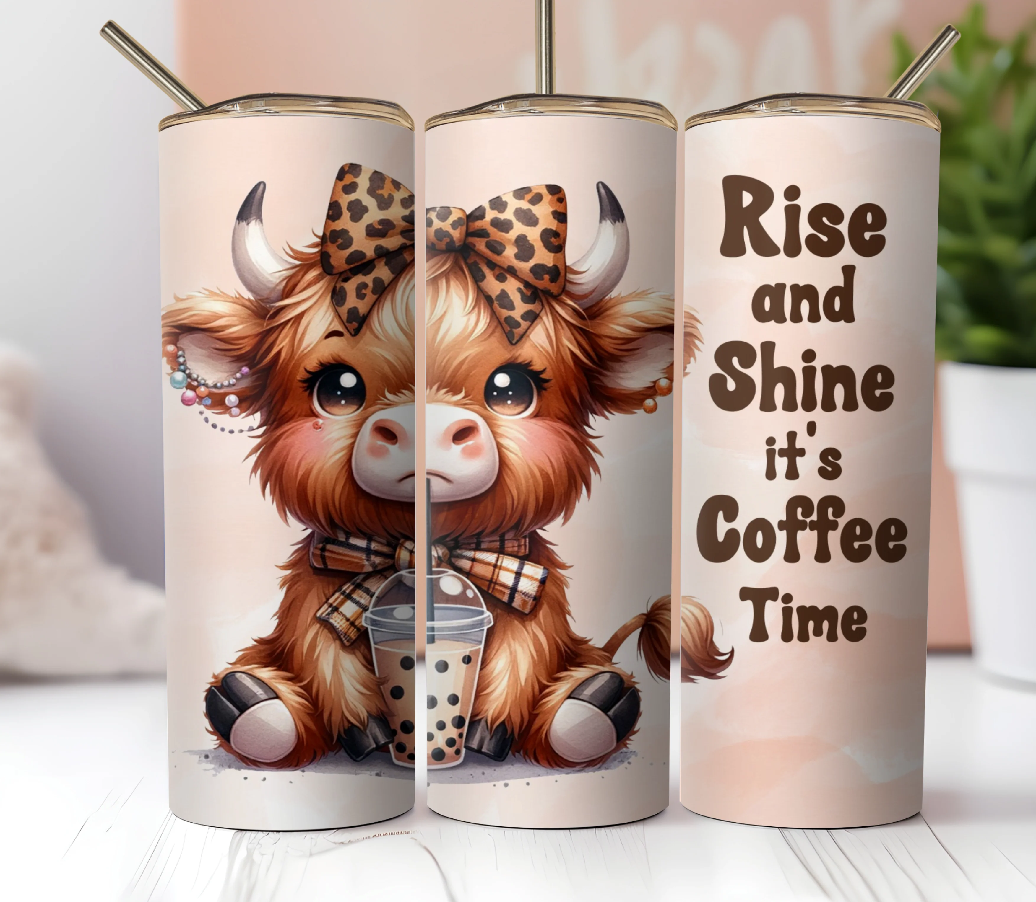 20oz Skinny Tumbler Sublimation Print - Highland Cow Rise & Shine
