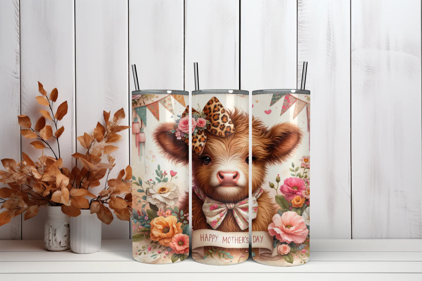 20oz Skinny Tumbler Sublimation Print - Mothers Day Highland Cow