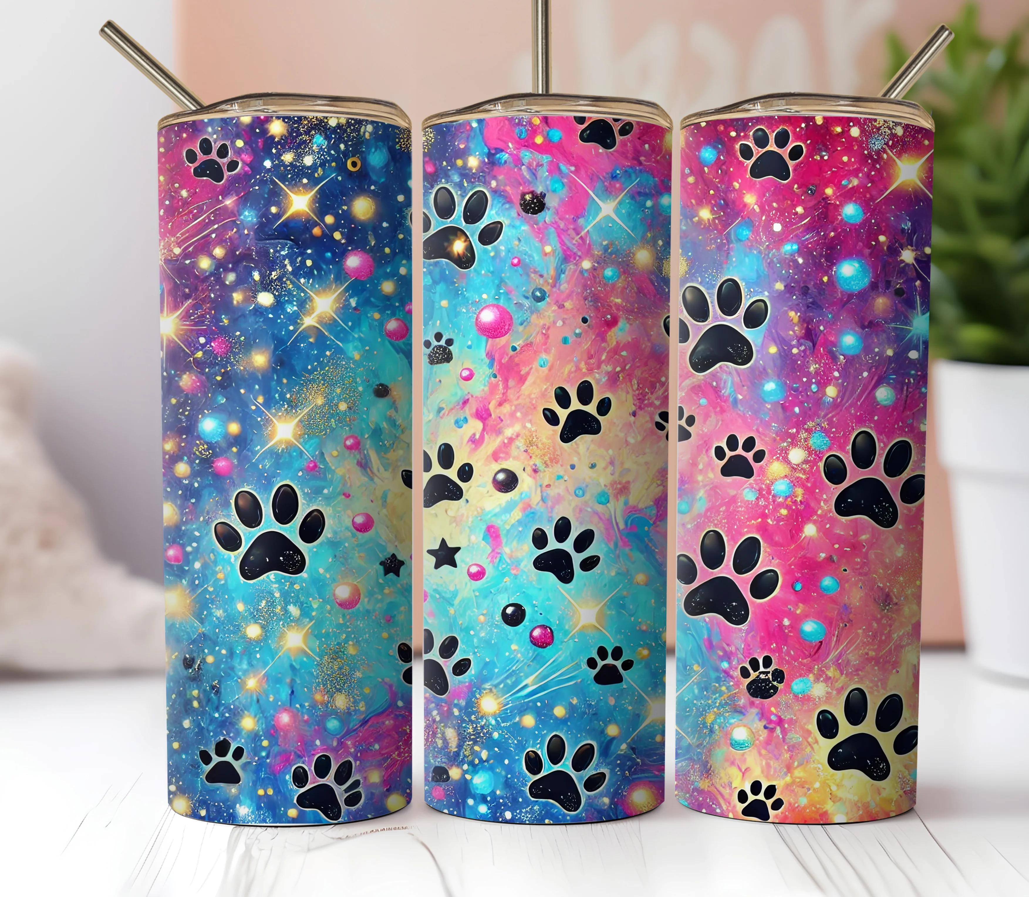 20oz Skinny Tumbler Sublimation Print - Pawprint Multi Coloured