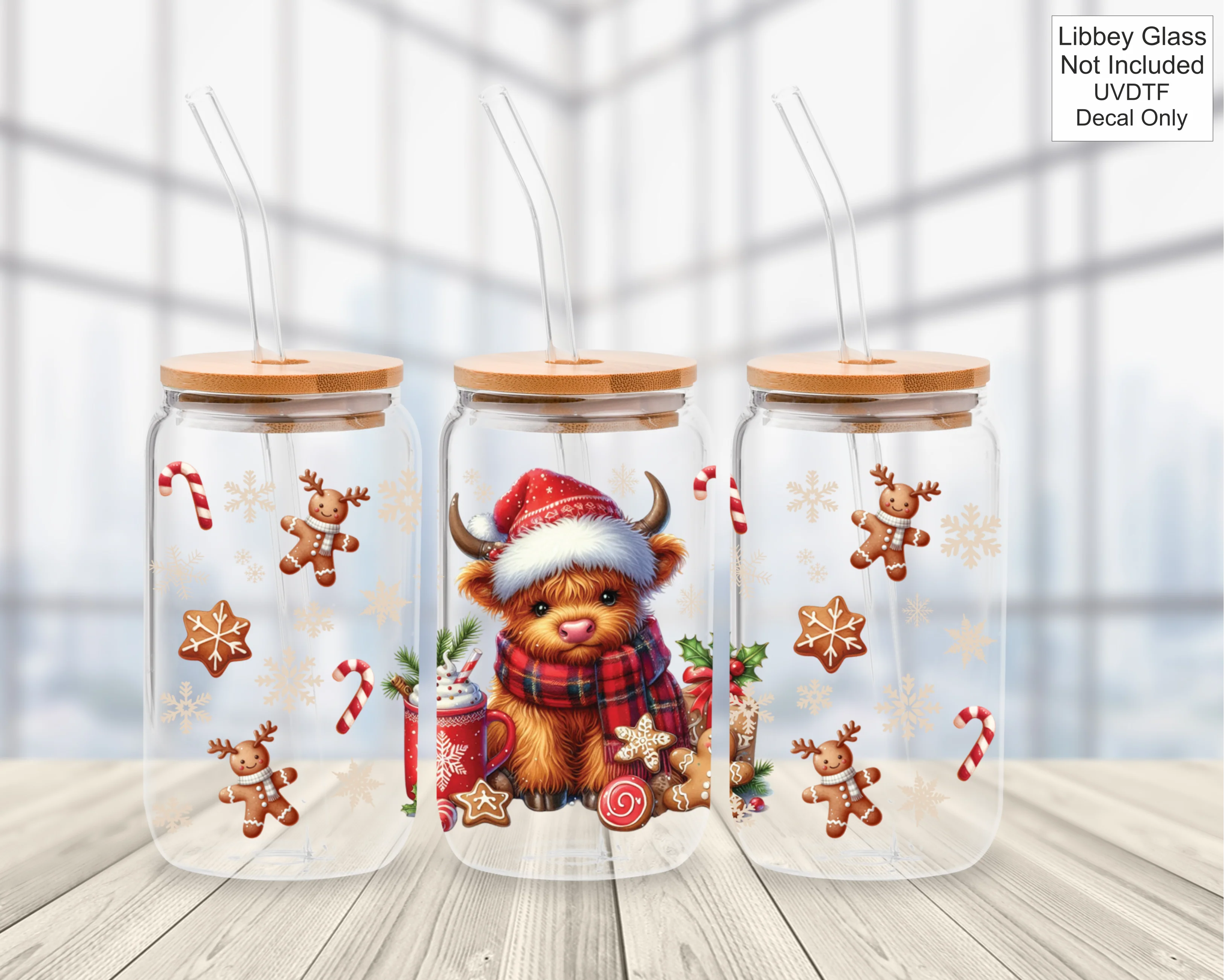 UVDTF 16oz Libbey Glass Wrap - Highland Cow Christmas