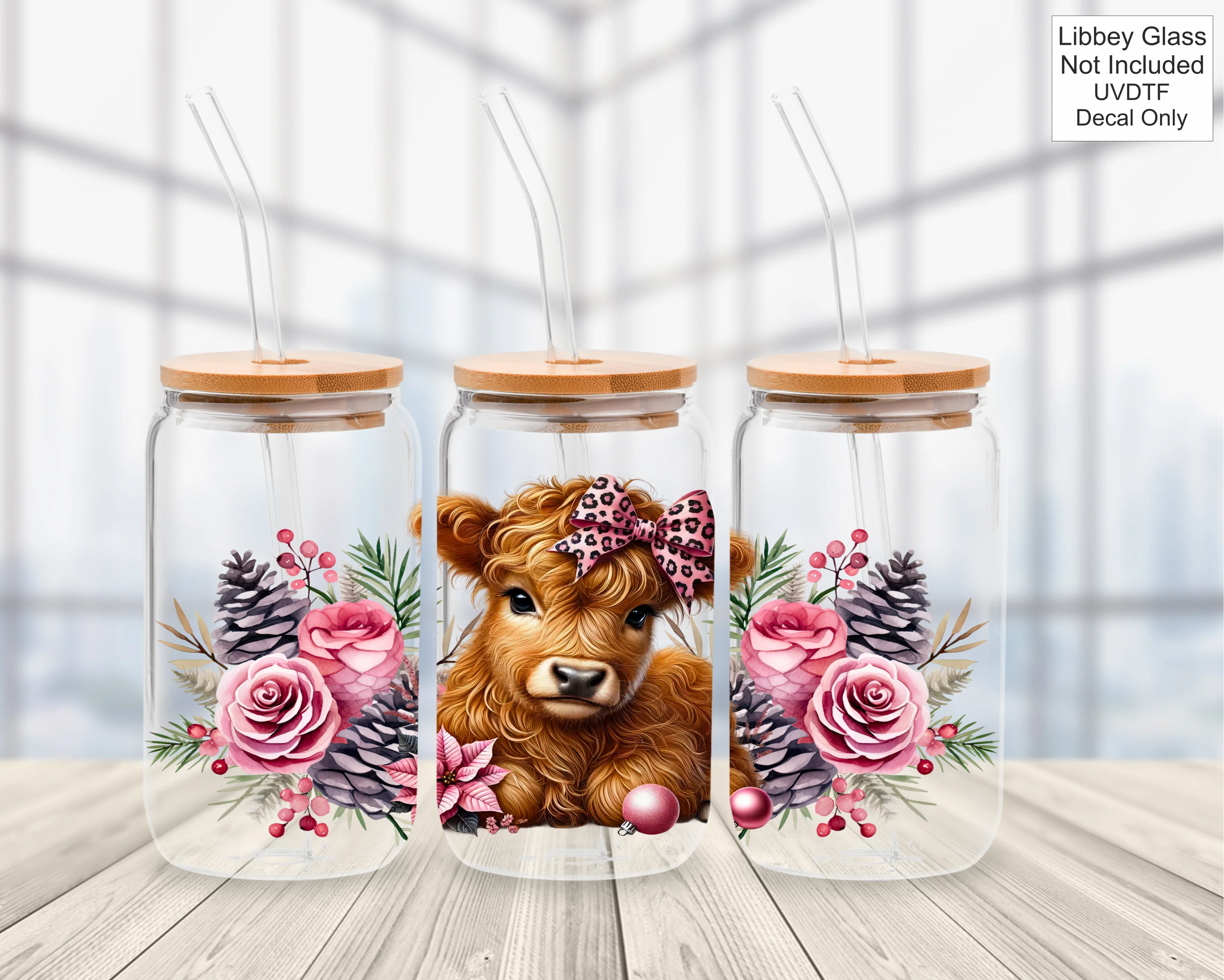 UVDTF 16oz Libbey Glass Wrap - Pink Highland Cow