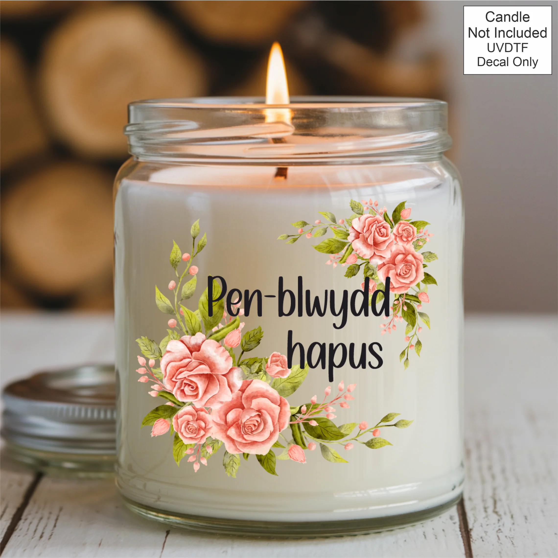 UVDTF Celebration Pink Rose Candle - Welsh - Image 4