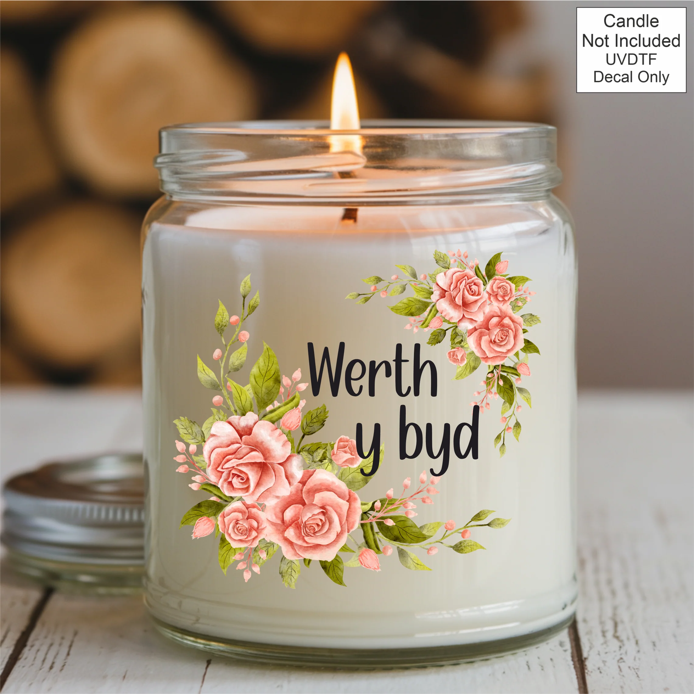 UVDTF Celebration Pink Rose Candle - Welsh - Image 5