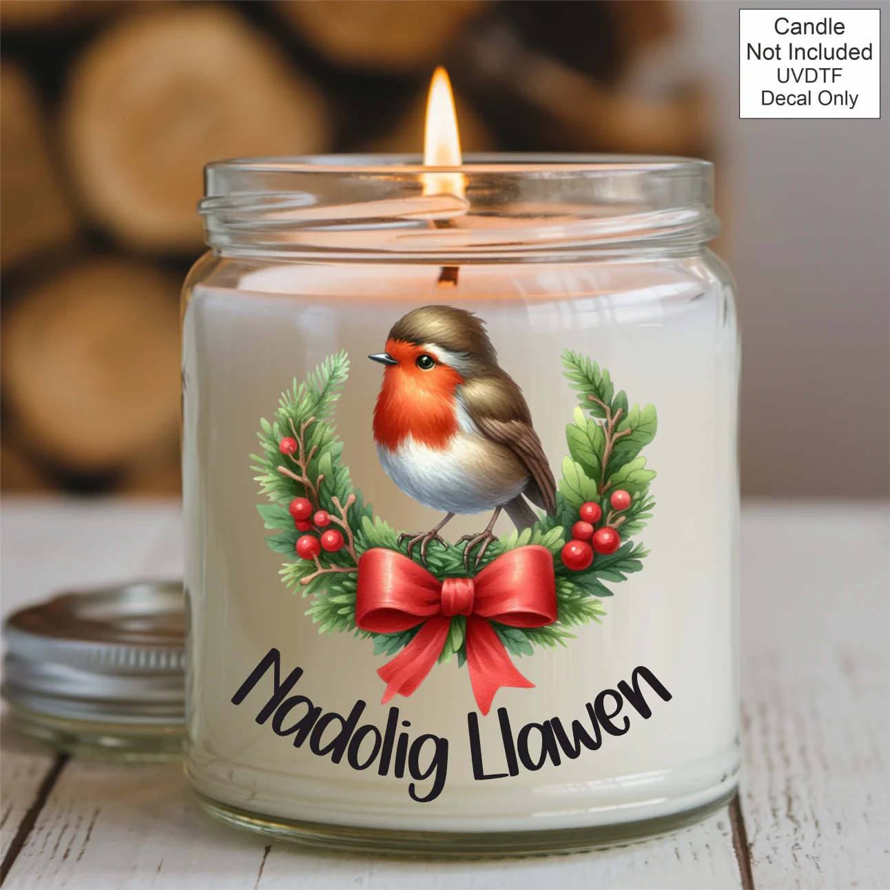 UVDTF Robin Nadolig Llawen Candle - Welsh - Image 2