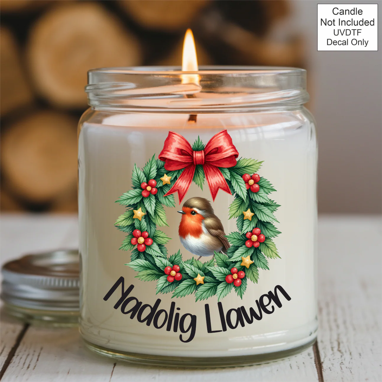 UVDTF Robin Nadolig Llawen Candle - Welsh - Image 3